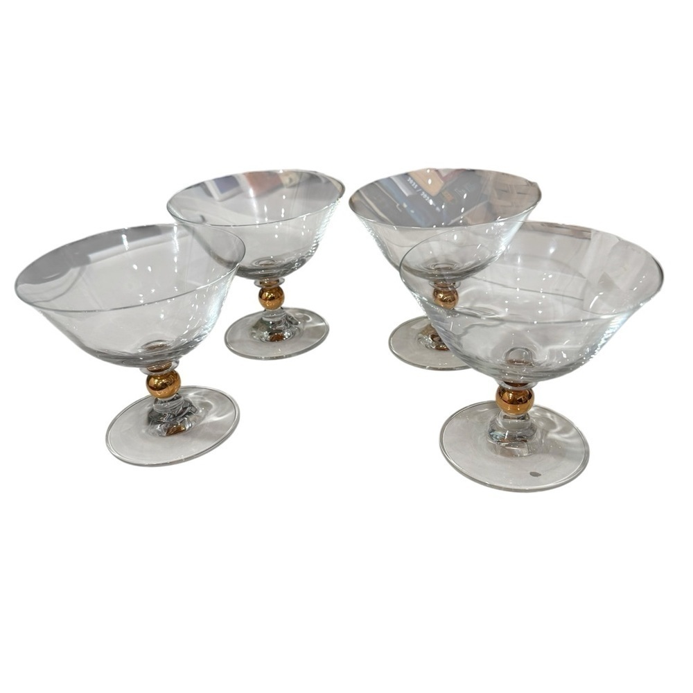 Vintage Lot of 4 MCM Glass Champagne Coupes with Gold Ball on Stem 5 inches wide